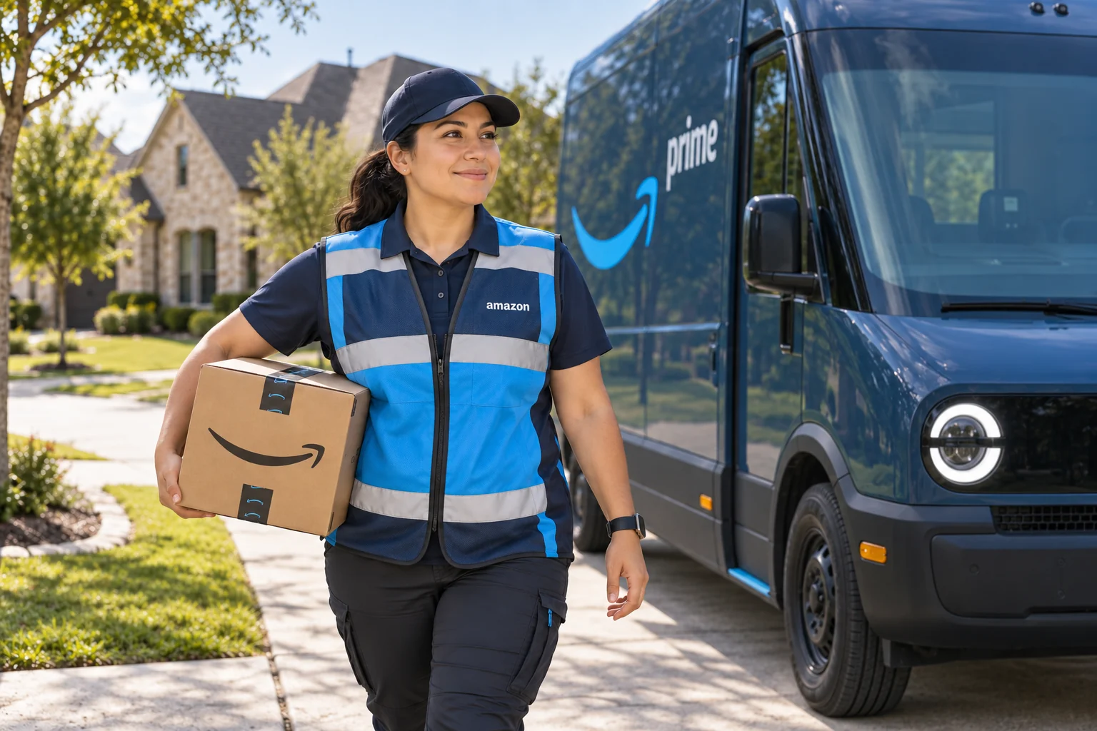 Illustration of an Amazon driver in a blue vest delivering a package beside a Rivian van